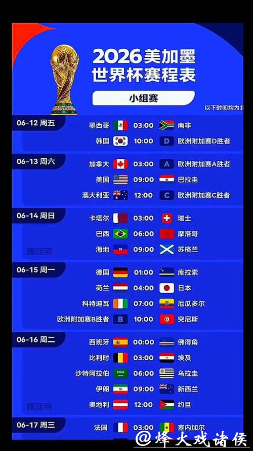 2026世界杯完整比赛时间安排 2026世界杯完整比赛时间安排